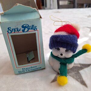 Snow Bells Vintage Porcelain‎ Bell Christmas Ornament By Giftco Scarf Hat